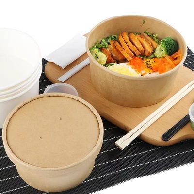 Nhà hàng Giấy Kraft tròn Takeaway Salad Bát 1000ML có nắp trong suốt